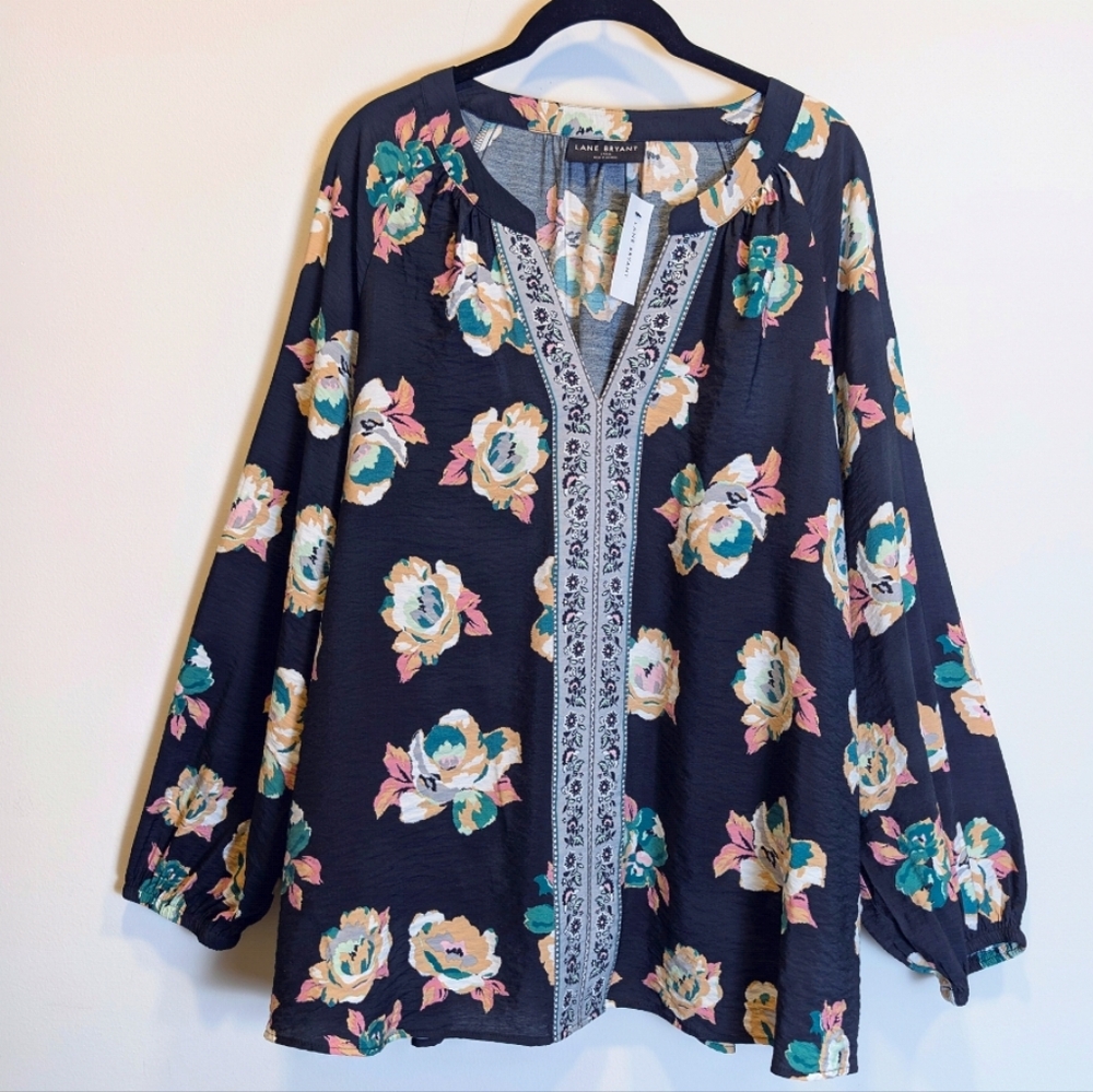 Lane Bryant Black Floral Spring Boho Long Sleeve Blouse Plus Size 14/16